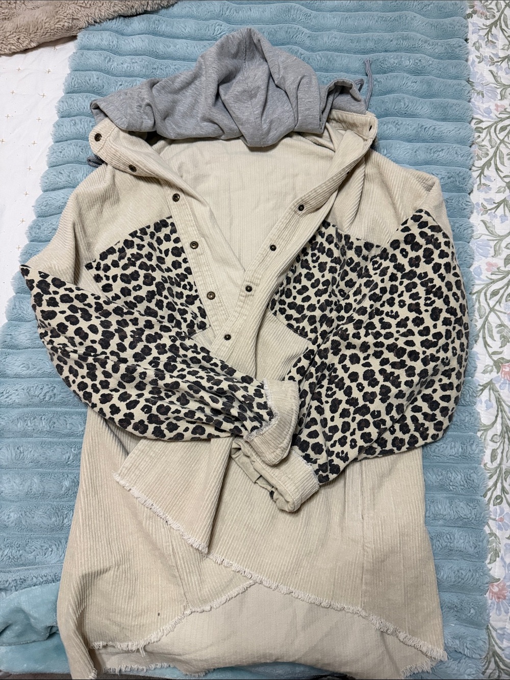 Impressions Cream Corduroy Jacket with Black Leopard Print Sleeves
